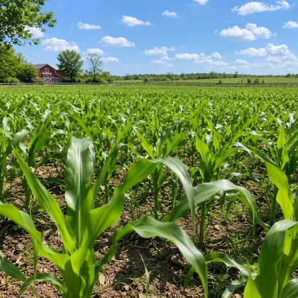 Rows of young green corn plants growing knee high across a sunny farm field.