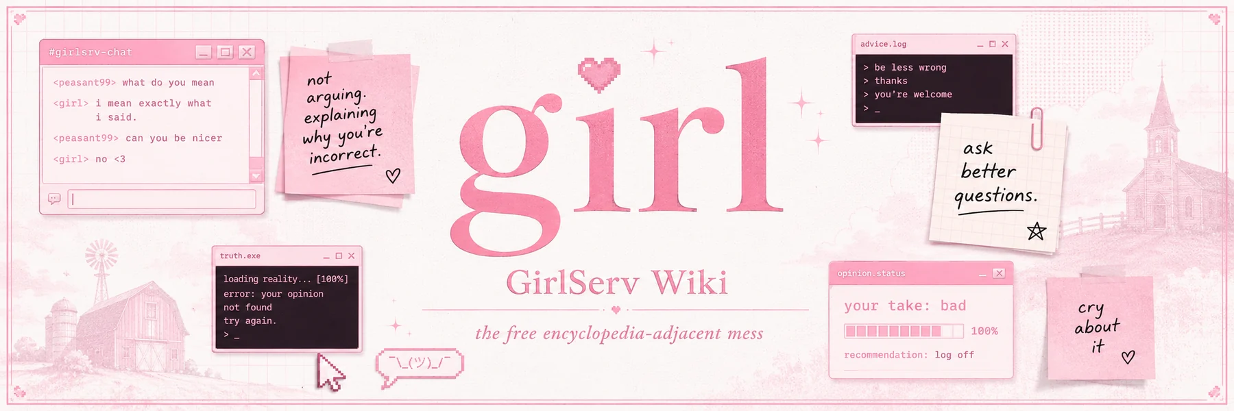 pink rude girl wiki banner with terminal windows, sarcastic notes, and internet chaos